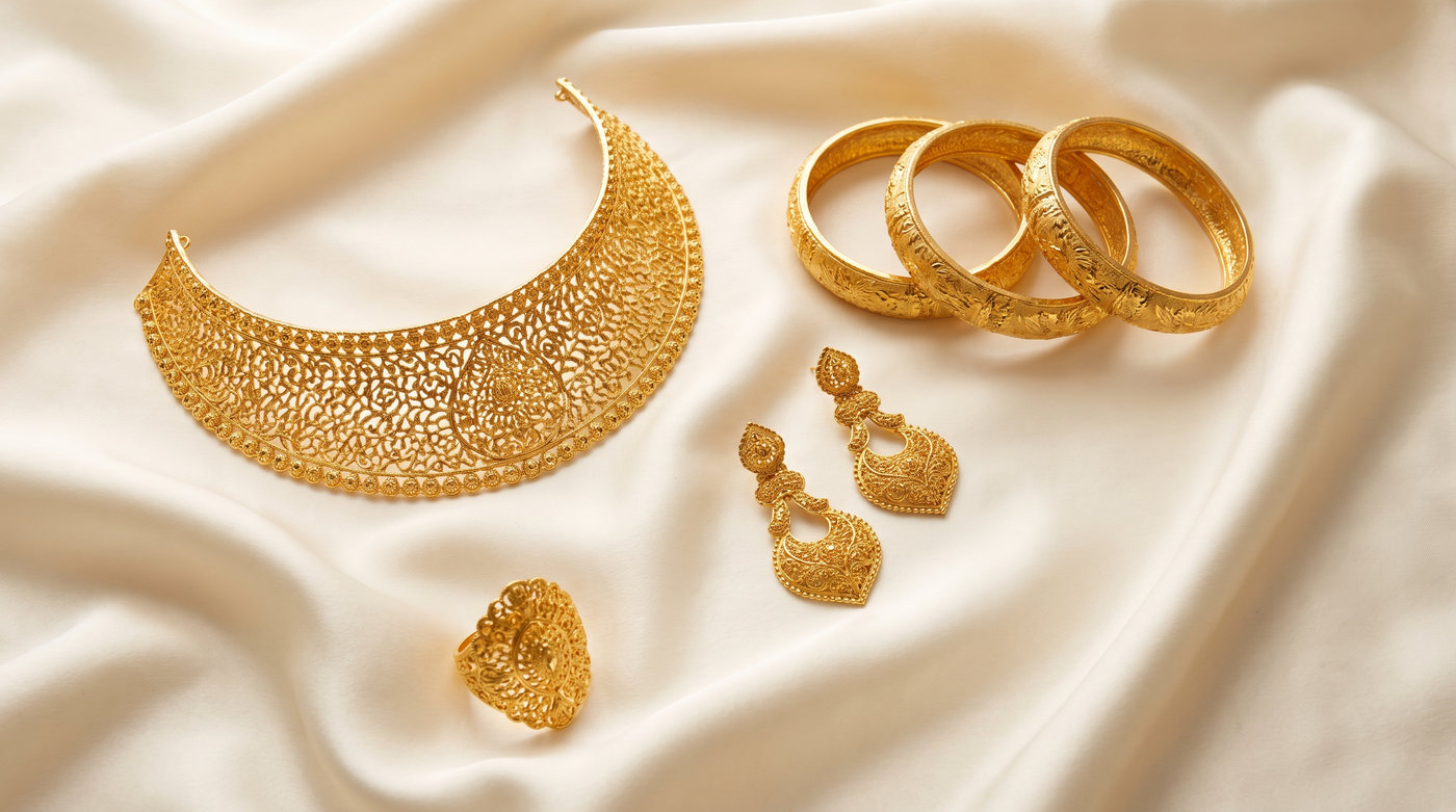 A full 22 carat gold bridal set laid out on cream silk