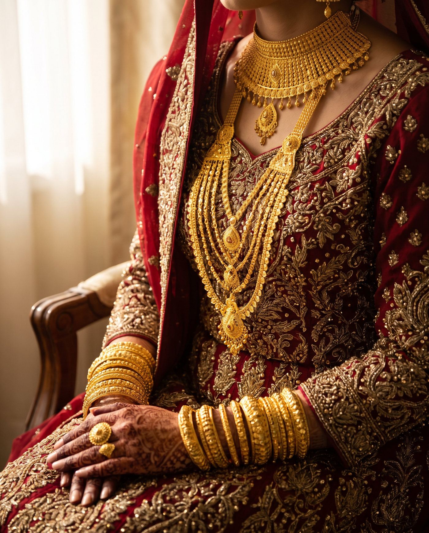 A bride in red and gold bridal dress wearing a layered 22 carat gold set, hands hennaed, cropped below the face