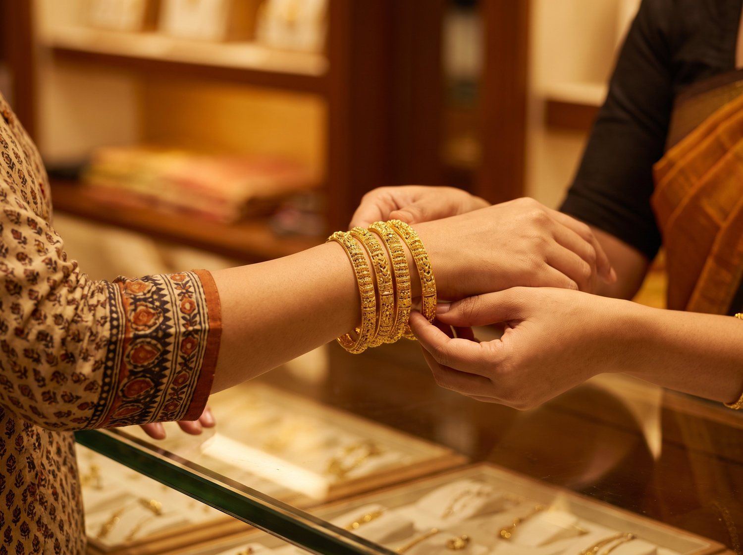 Gold bangles being slid onto a customer's wrist across a lit shop counter