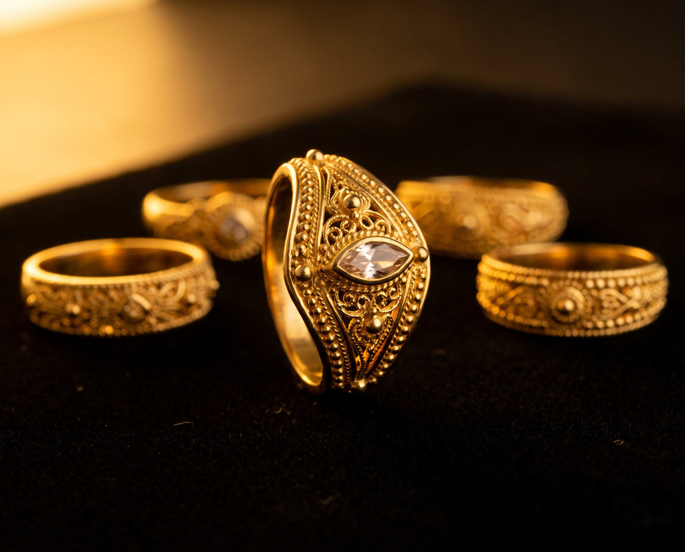 Patterned 22 carat gold rings on black, one upright and in focus