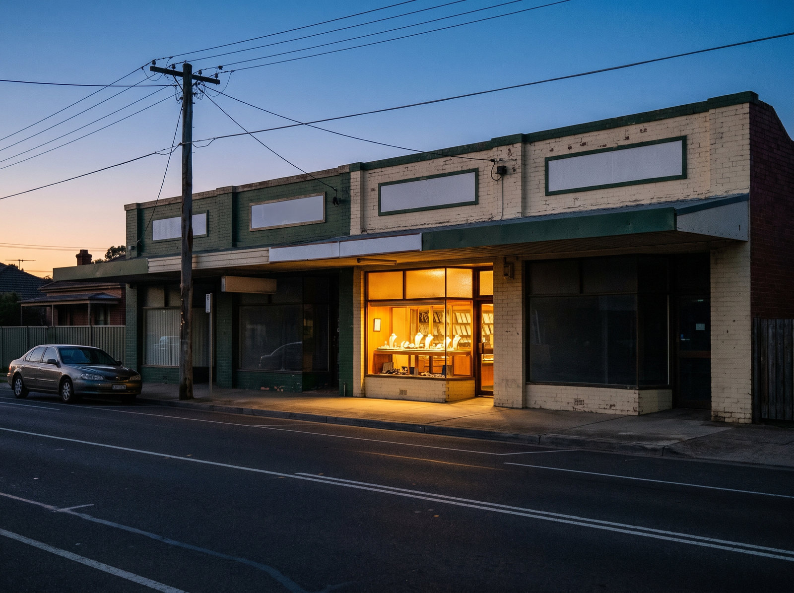 A run of joined single storey shops on a suburban main road at dusk, one window lit warm with gold jewellery inside