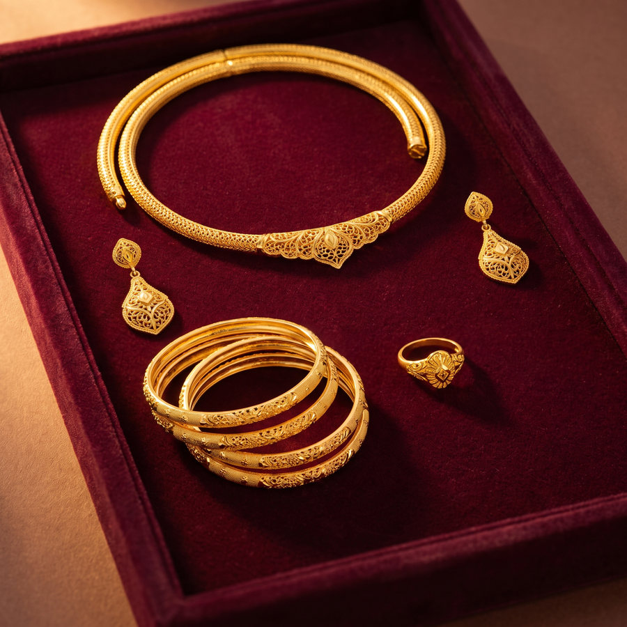 A matched gold set laid out on a maroon velvet tray
