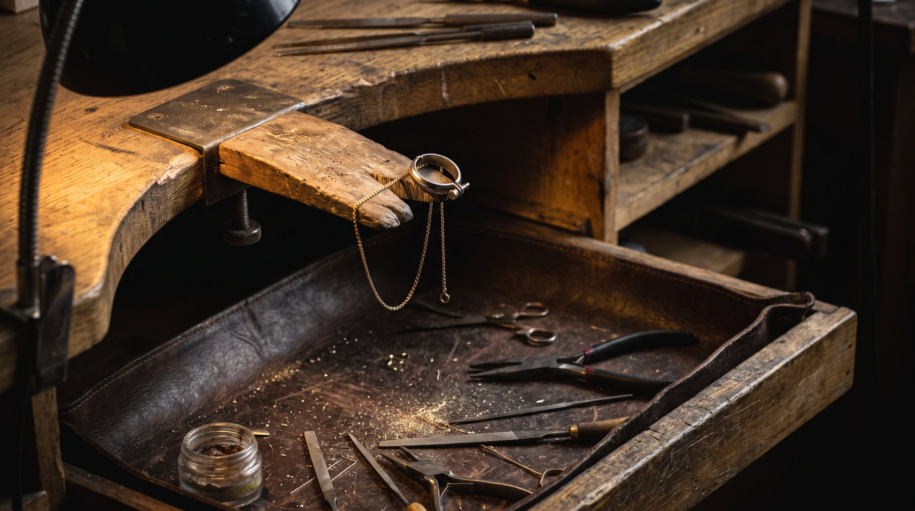 A goldsmith's bench: a worn bench pin, files and pliers in a leather catch tray under a single warm lamp