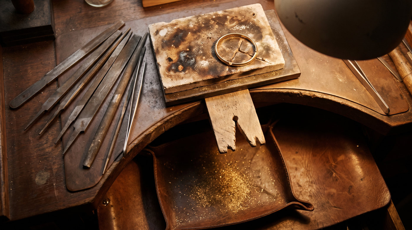 Jeweller's hand tools laid out on a worn leather bench skin